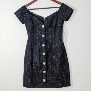 NEW Aqua Women’s Dress Tweed Clueless Preppy Off Shoulder Rhinestone Button Sz S